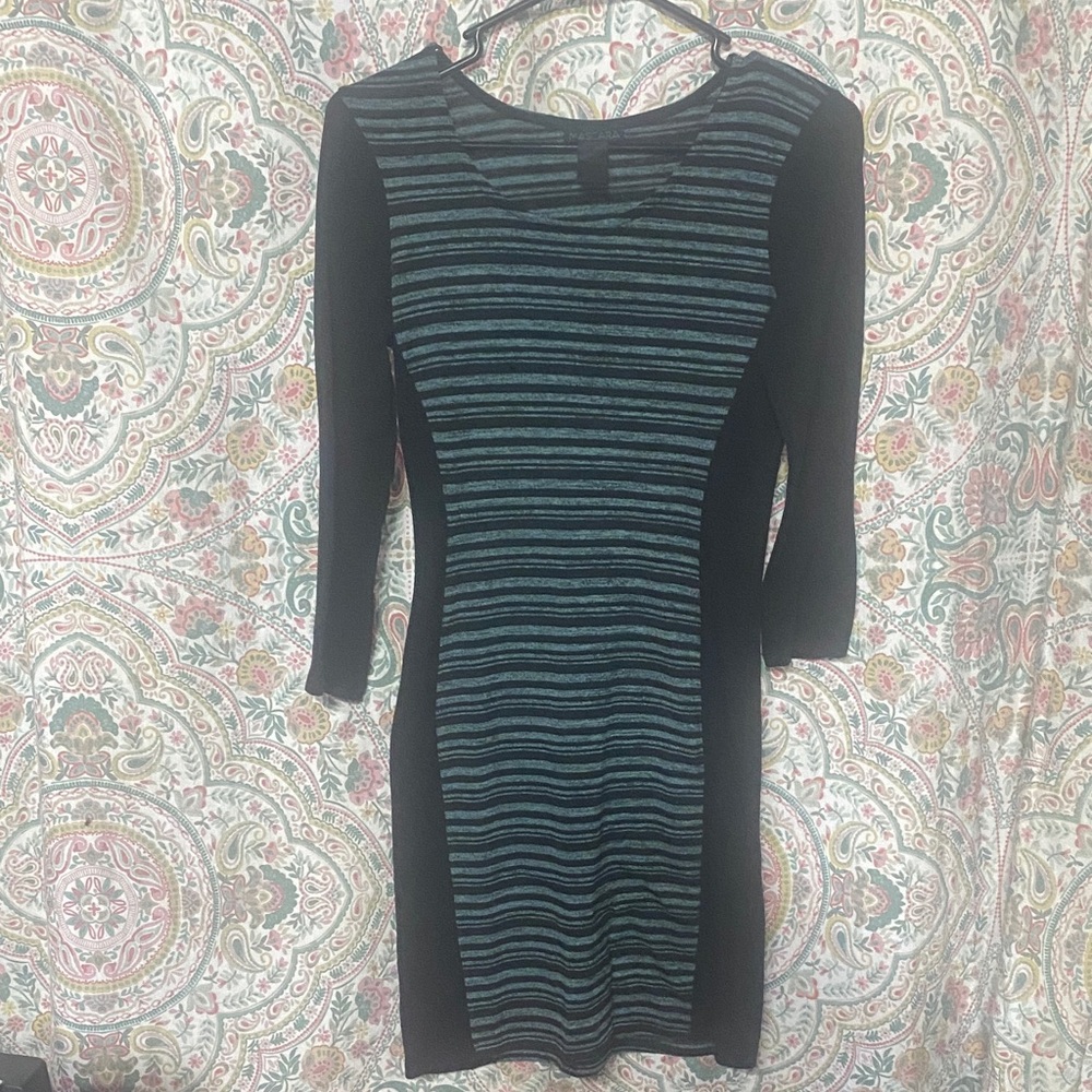 Black and Teal Striped Bodycon Dress - Women
